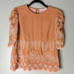 🧡 Terracotta Rust Embroidered Puff-Sleeve Blouse Fully Lined - S